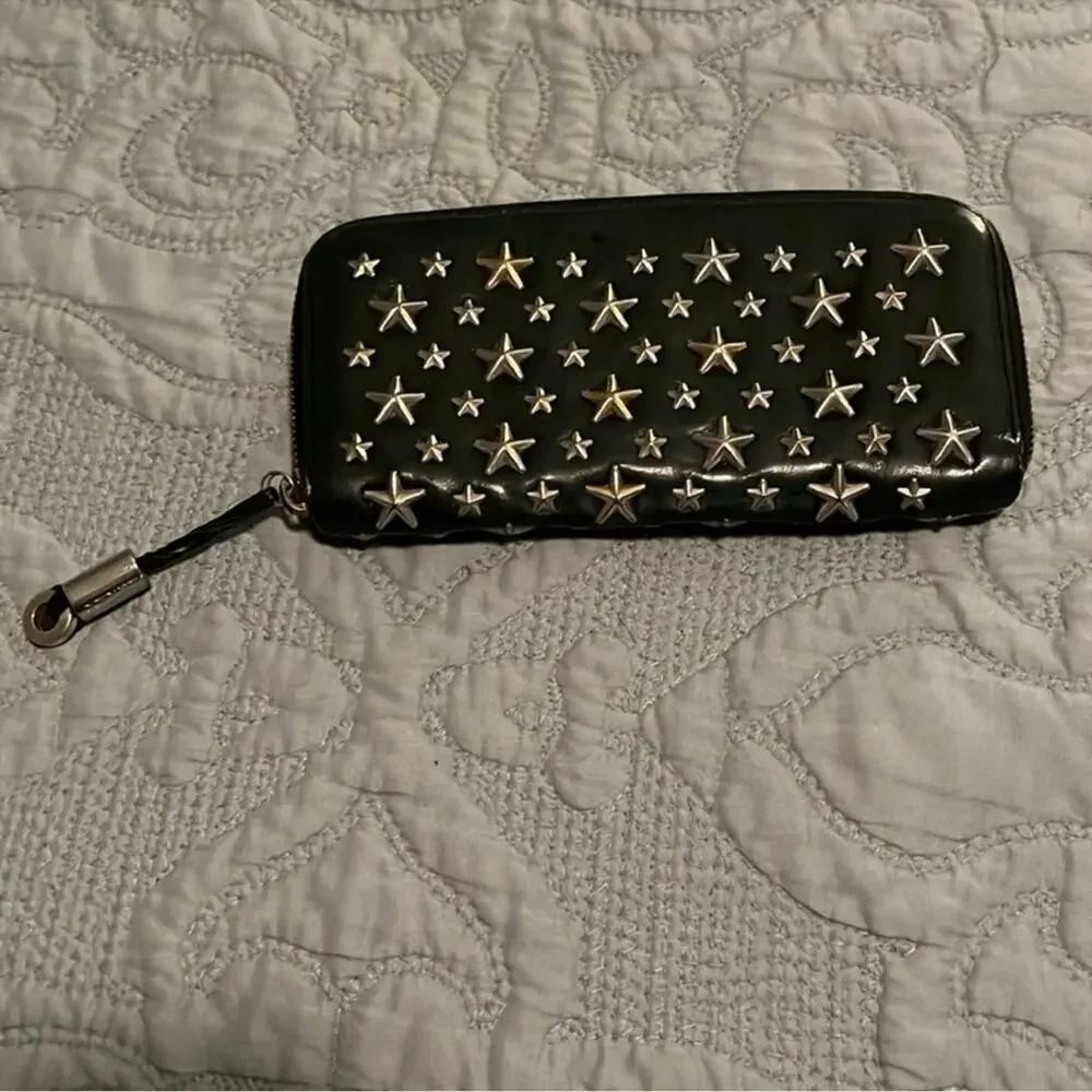 Vintage Jimmy Choo Black Leather Star Studded Long Zipper Wallet